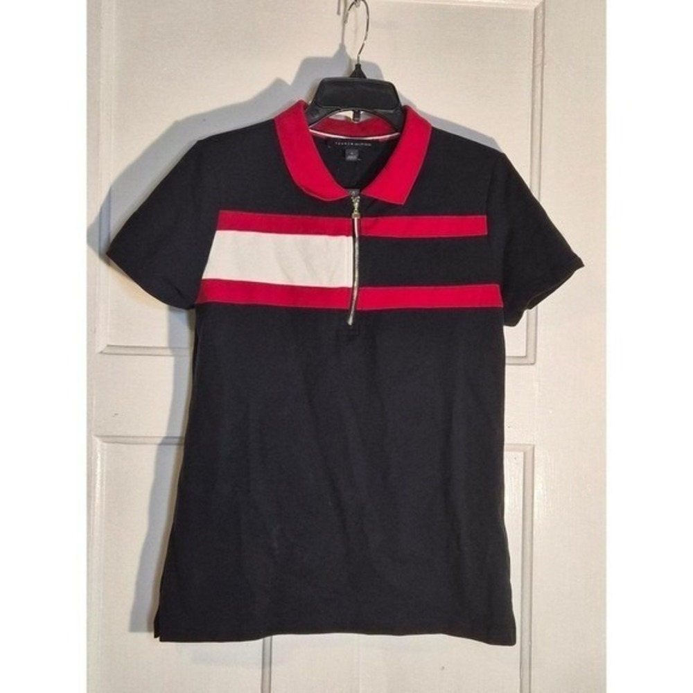Tommy Hilfiger Mens Quarter Zip Polo Shirt Navy Red White Striped M TJGLGK744